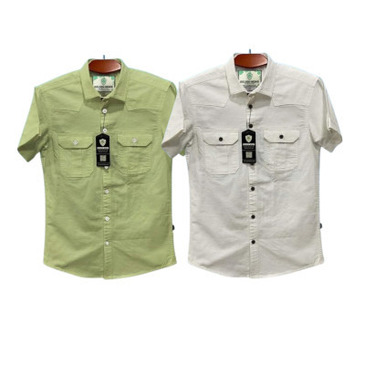 Half sleeve dubble pocket Shirt Premium Cotton Fabrics White _ Lemon