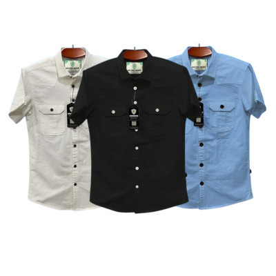 Half sleeve dubble pocket Shirt Premium Cotton Fabrics White _ BLACK _ Sky