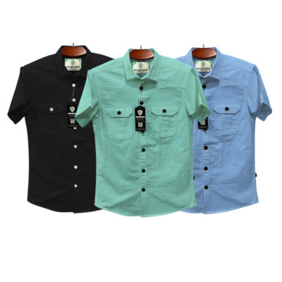 Half sleeve dubble pocket Shirt Premium Cotton Fabrics# PEST - SKY -BLACK