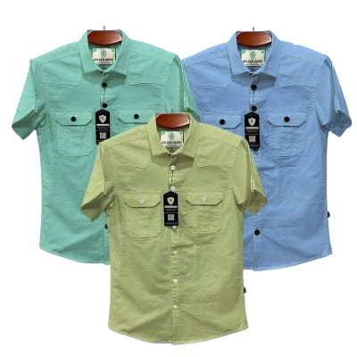 Half sleeve dubble pocket Shirt Premium Cotton Fabrics PEST _ SKY _ LEMON