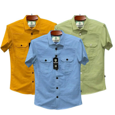 Half sleeve dubble pocket Shirt Premium Cotton Fabrics# LEMON - SKY - KATALI