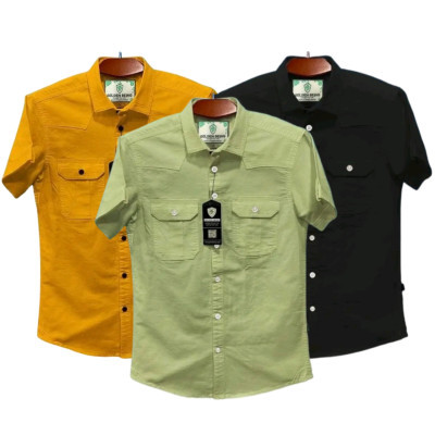 Half sleeve dubble pocket Shirt Premium Cotton Fabrics# KATALI- LEMON - BLACK