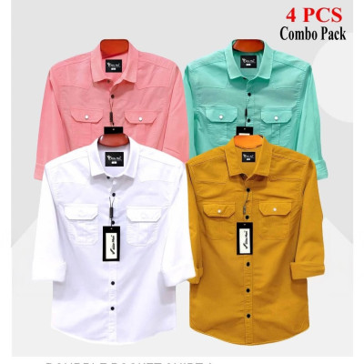 4 Pes Combo Premium Quality  Double Pocket Shirt PEST _ PINK _ WHITE _ KATALI