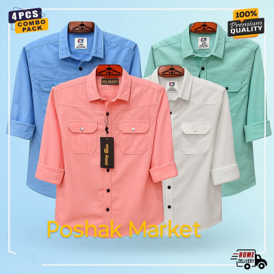 4 Pes Combo Premium Quality  Double Pocket Shirt PEST _ SKY _ WHITE, _ PINK