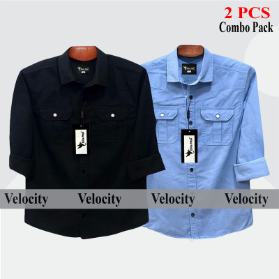 2 Pes Combo Premium Quality  Double Pocket Shirt SKY _ BLACK