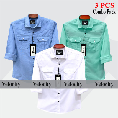 3 Pes Combo Premium Quality  Double Pocket Shirt PEST _ SKY _ WHITE