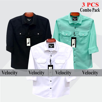 3 Pes Combo Premium Quality  Double Pocket Shirt WHITE _ BLACK _ PEST