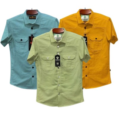 3pic Half sleeve dubble pocket Shirt Premium Cotton Fabrics # Lemon _ Katali _ Water Blu