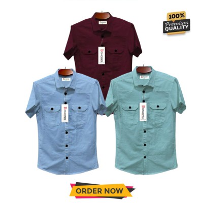 3pic Half sleeve dubble pocket Shirt Premium Cotton = Pest _ Sky Blu _ Maroon