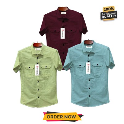 3pic Half sleeve dubble pocket Shirt Premium Cotton Fabrics = Lemon _Pest _ Maroon