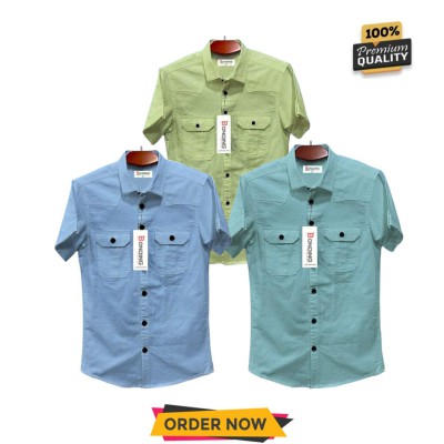 3pic Half sleeve dubble pocket Shirt Premium Cotton Fabrics Lemon _ Pest _ Sky Blue
