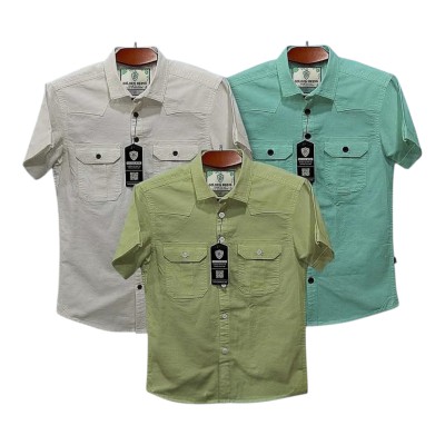 3pic Half sleeve dubble pocket Shirt Premium Cotton Fabrics : Pest - Lemon - White