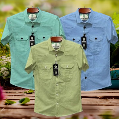 3pic Half sleeve dubble pocket Shirt Premium Cotton Fabrics Lemon_ Pest _ Sky Blu