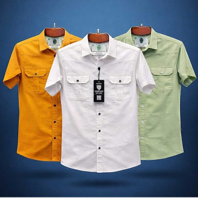 3pic Half sleeve dubble pocket Shirt Premium Cotton Fabrics # White _ Katali _ Lemon