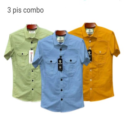 3pic Half sleeve dubble pocket Shirt Premium Cotton Fabrics # Peat _ Lemon_ Katali