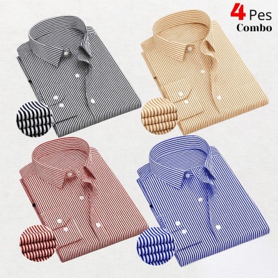 4 Premium Quality Stripe Formal Shirt - BLACK  _ SKY BLUE _  ORANGE_. MAROON