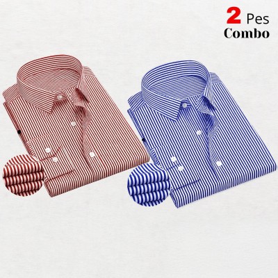 2 Premium Quality Stripe Formal Shirt - MAROON  _ SKY BLUE