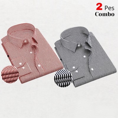 2 Premium Quality Stripe Formal Shirt - MAROON  _  BLACK