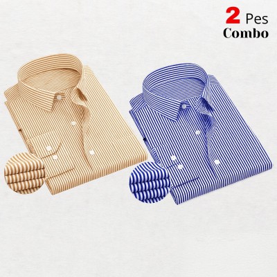 2 Premium Quality Stripe Formal Shirt - ORANGE _ SKY BLUE