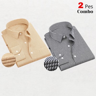 2 Premium Quality Stripe Formal Shirt - ORANGE _  BLACK