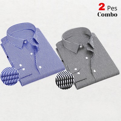 2 Premium Quality Stripe Formal Shirt - BLACK _ SKY BLUE