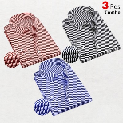 3 Premium Quality Stripe Formal Shirt - BLACK  _ SKY BLUE _ MAROON