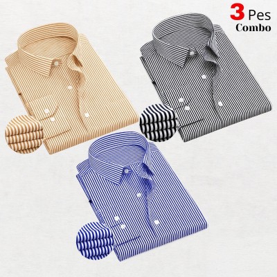 3 Premium Quality Stripe Formal Shirt - BLACK  _ SKY BLUE _  ORANGE