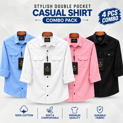 4 Pes Combo Premium Quality  Double Pocket Shirt BLACK _ WHITE _ PINK _ SKY
