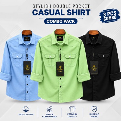 3 Pes Combo Premium Quality  Double Pocket Shirt BLACK _ LEMON _ SKY