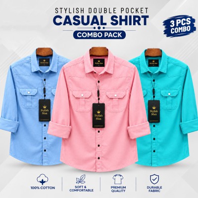 3 Pes Combo Premium Quality  Double Pocket Shirt PEST _ SKY _ PINK