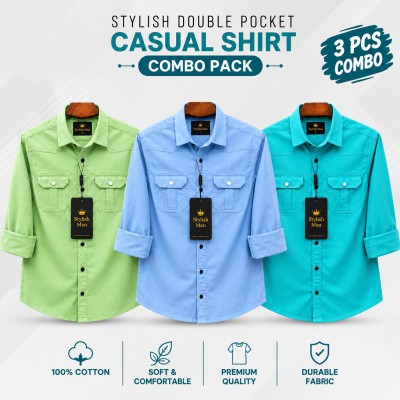 3 Pes Combo Premium Quality  Double Pocket Shirt LEMON, _ SKY _ PEST