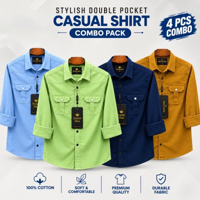 4 Pes Combo Premium Quality  Double Pocket Shirt LEMON _ NBY _ KATALI _ SKY