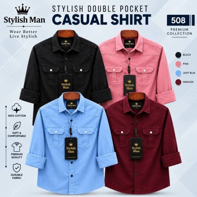 4 Pes Combo Premium Quality  Double Pocket Shirt BLACK _ MAROON _ PINK _ SKY