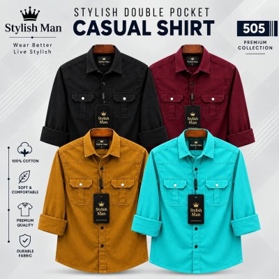 4 Pes Combo Premium Quality  Double Pocket Shirt BLACK _ PEST _ MAROON_ KATALI