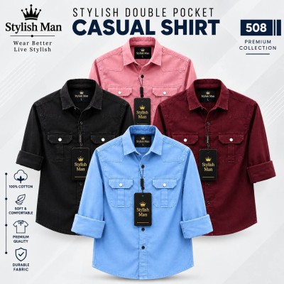 4 Pes Combo Premium Quality  Double Pocket Shirt MAROON _ SKY _ PINK _ BLACK