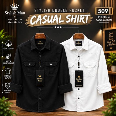2 Pes Combo Premium Quality  Double Pocket Shirt  WHITE _ BLACK