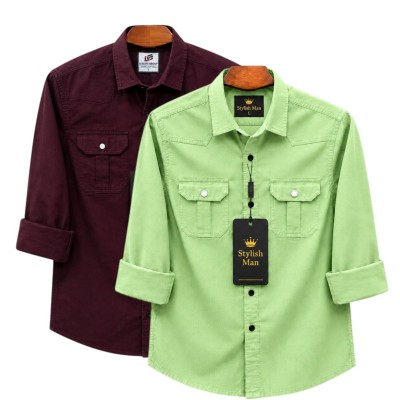 2 Pes Combo Premium Quality  Double Pocket Shirt MAROON _ LEMON
