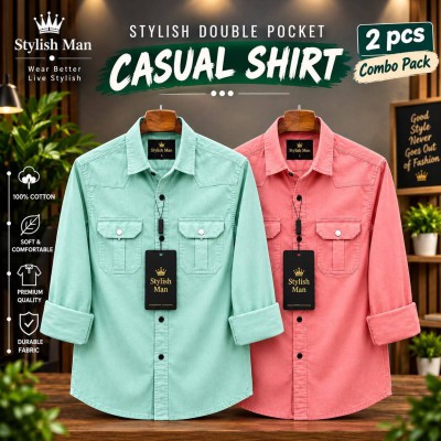 2 Pes Combo Premium Quality  Double Pocket Shirt PINK _ PEST