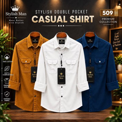 3 Pes Combo Premium Quality  Double Pocket Shirt NBY _ BLACK _ WHITE