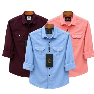 3 Pes Combo Premium Quality  Double Pocket Shirt PINK _ MAROON _ SKY