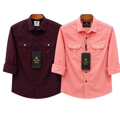 2Pcs Combo Premium Quality Double Pocket Shirt - MAROON _ PINK