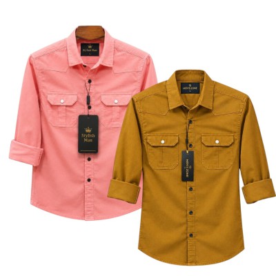 2 Pes Combo Premium Quality  Double Pocket Shirt PINK _ KATALI
