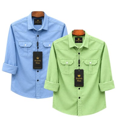 2 Pes Combo Premium Quality  Double Pocket Shirt SKY _ LEMON