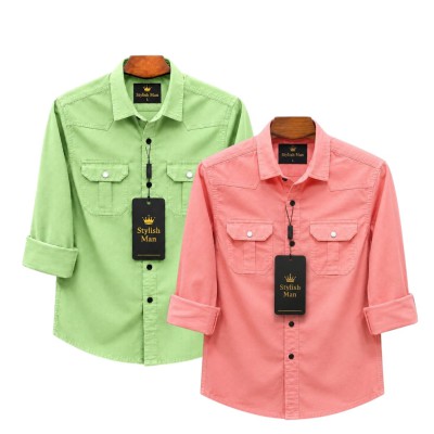 2 Pes Combo Premium Quality Double Pocket Shirt LEMON _ PINK