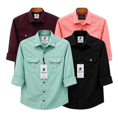 4 Pes Combo Premium Quality  Double Pocket Shirt MAROON _ PEST _ PINK _ BLACK