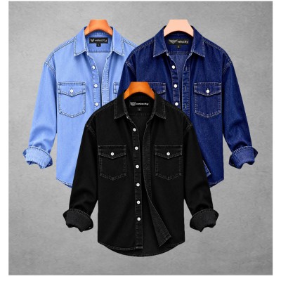 3p Regular Button Double Pocket Denim Shirt _ SKY _ NBY_ BLACK