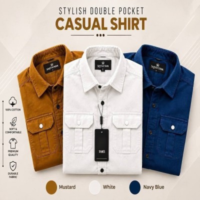 3 Pes Combo Premium Quality  Double Pocket Shirt KATALI  _ NBY _ WHITE