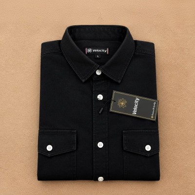 Regular Button Double Pocket Denim Shirt _ BLACK
