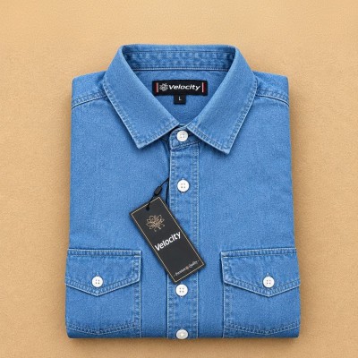 Regular Button Double Pocket Denim Shirt _ SKY
