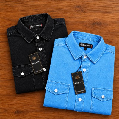 2p Regular Button Double Pocket Denim Shirt _ SKY _ BLACK